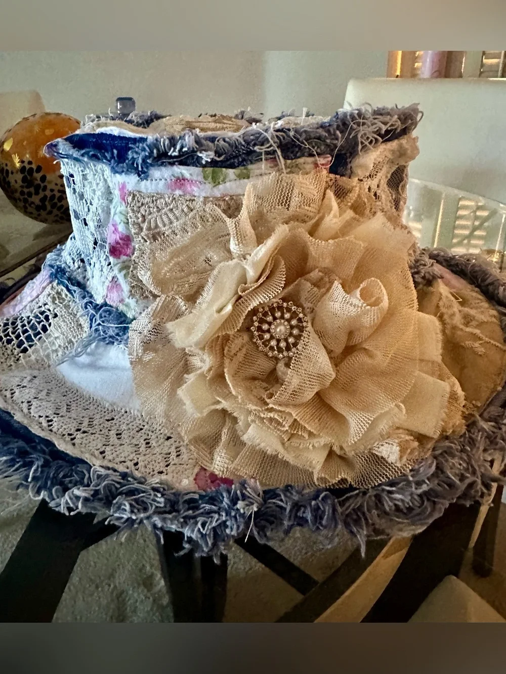 Artisan-made Bohemian Cream Floral Fabric Hat with Frayed Denim Trim